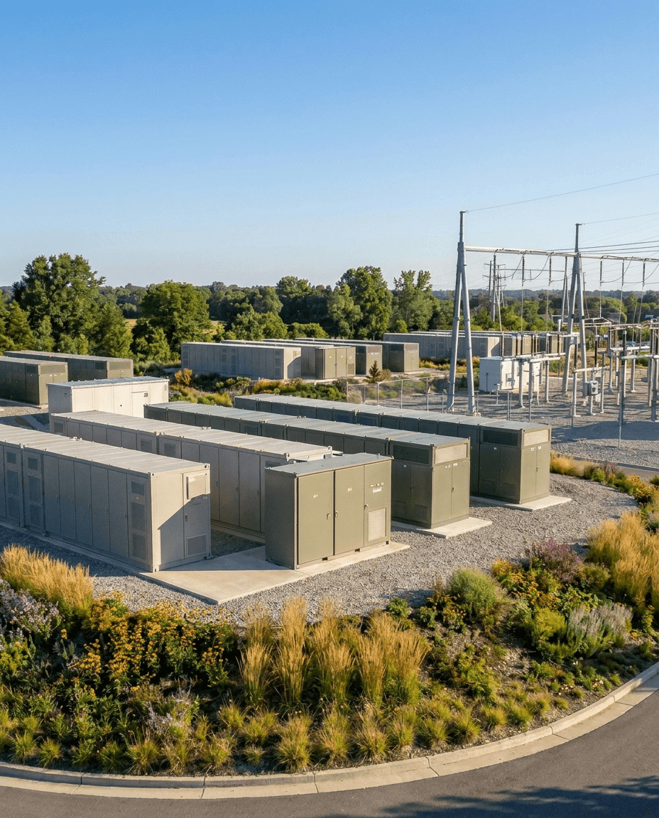 Batteriegroßspeicher in Containerbauweise auf einer Freifläche
